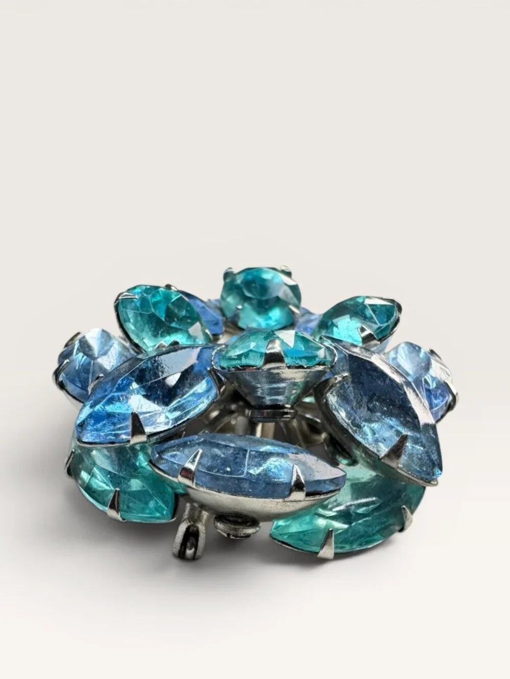 1950s Blue Glass Cluster Brooch Aqua UV Glow Uranium Glass Silver Tone Vintage